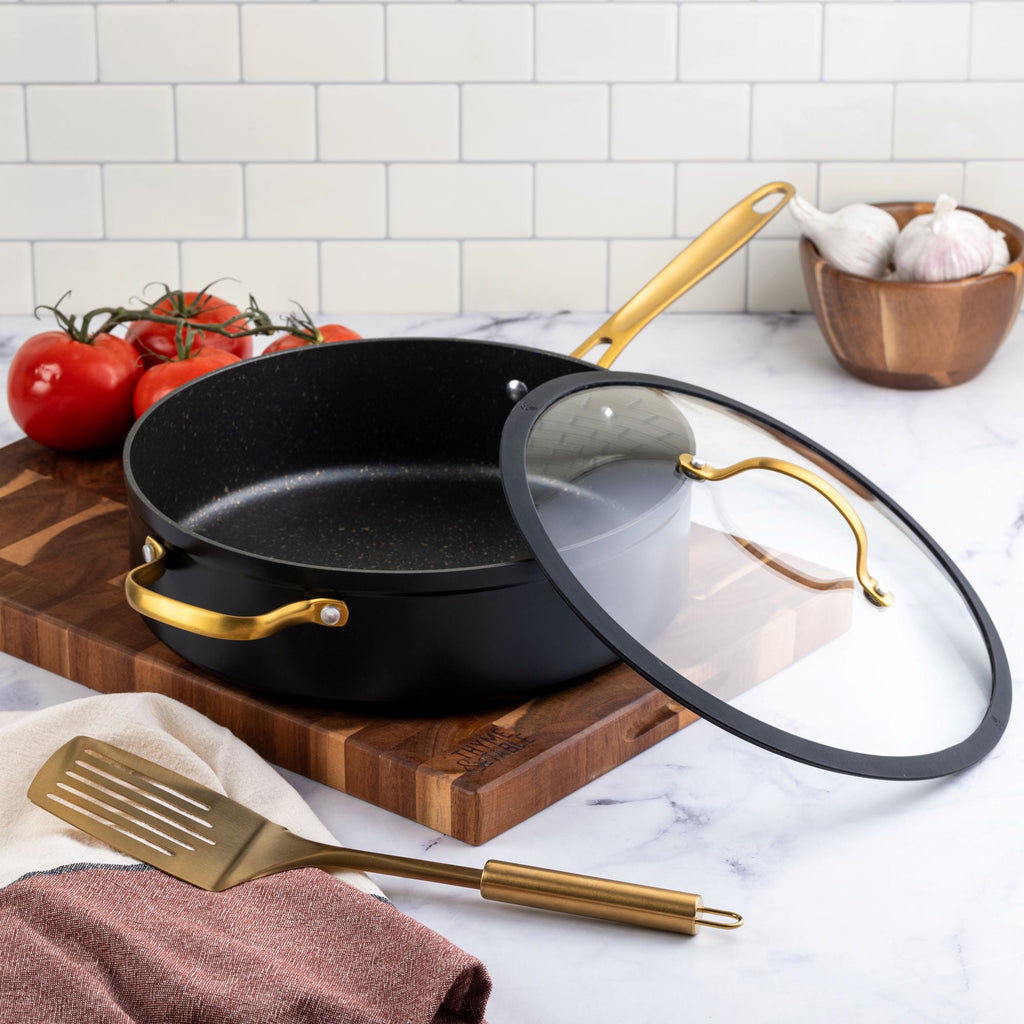 Thyme & Table Non-Stick 5 Quart Signature Sauté Pan with Glass Lid, Black & Gold