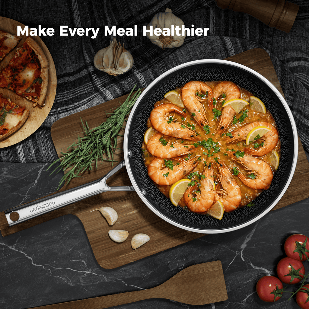 naturepan 11 Inch 3-Ply Hybrid Ceramic Frying Pan, Diamond-Titanium Nonstick Stainless Steel Pan, Hexagon Surface, Dishwasher Safe & Oven Safe