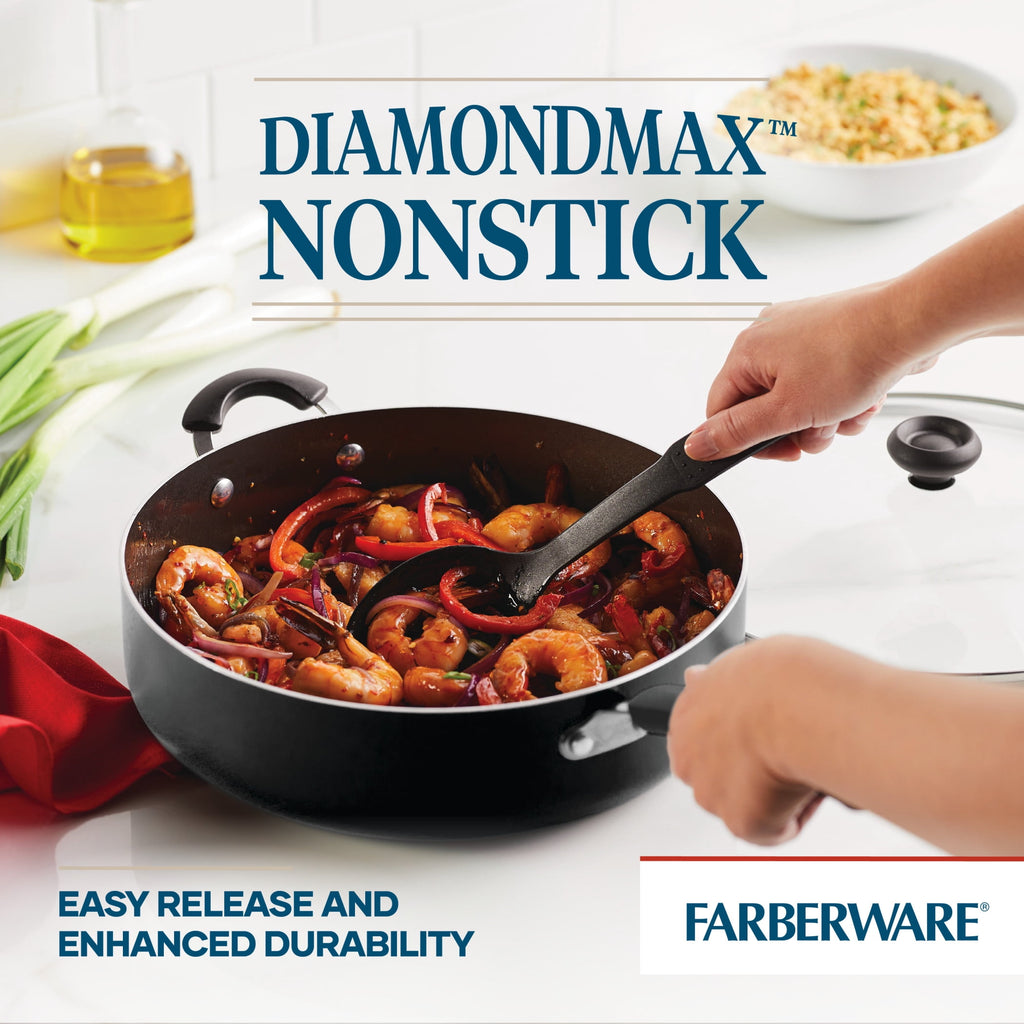 Farberware Easy Clean 6 Quart Nonstick Jumbo Cooker / Chef's Pan with Helper Handle and Glass Lid, Great for Family Meals, Dishwasher Safe, Black