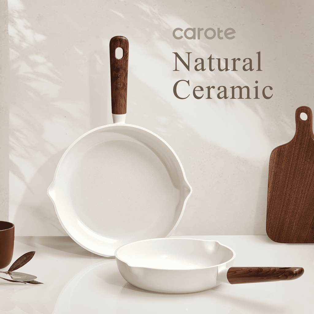 Carote 4-Piece Nonstick Frying Pan Set, 8"&9.5"&11" Skillets with Strainer Lid, White