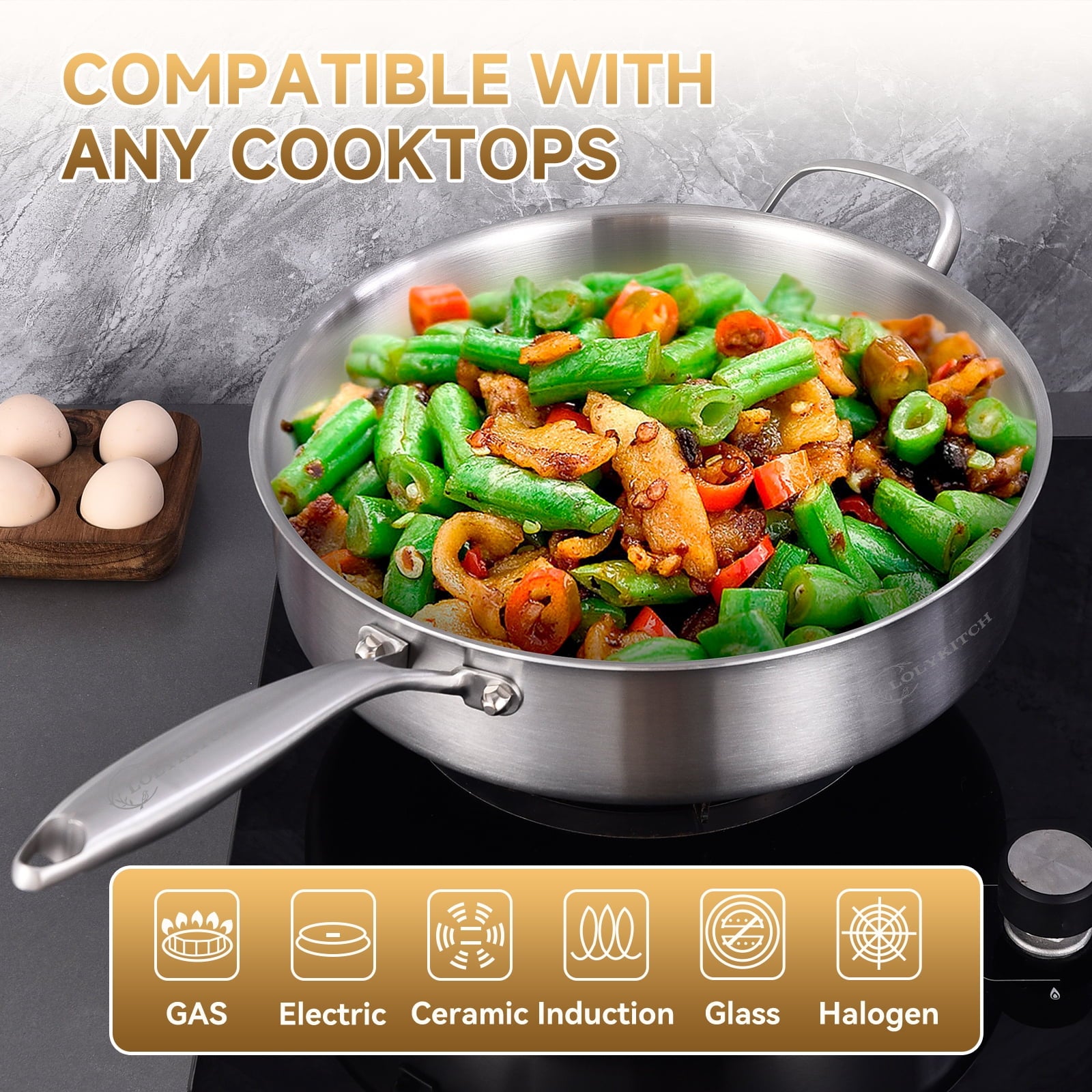 LOLYKITCH Tri-ply Stainless Steel 6QT Sauté Pan with Lid,12 inch Deep Frying Pan,Jumbo Cooker,Dishwasher and Oven Safe,Detachable Handle.