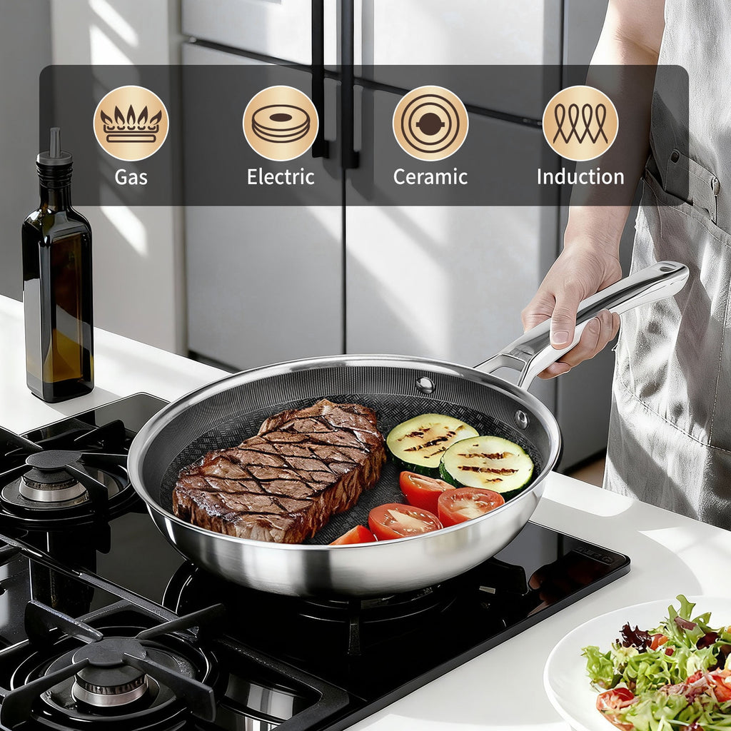 Ktaxon 10-Inch Stainless Steel Pan, Hybrid Nonstick Frying Pan, Skillet, 3-Ply Cookware, Dishwasher & Oven Safe