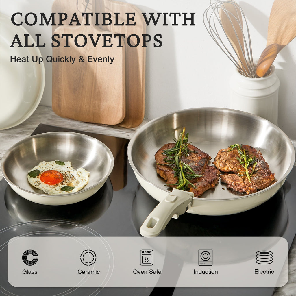 KITEXPERT Non-Toxic Stainless Steel Frying Pan (8",10",12"), Cookware Set Tri-Ply Nonstick Skillet Pans with Removable Handles, Dishwasher & Oven Safe, All Stovetops Compatible, Beige