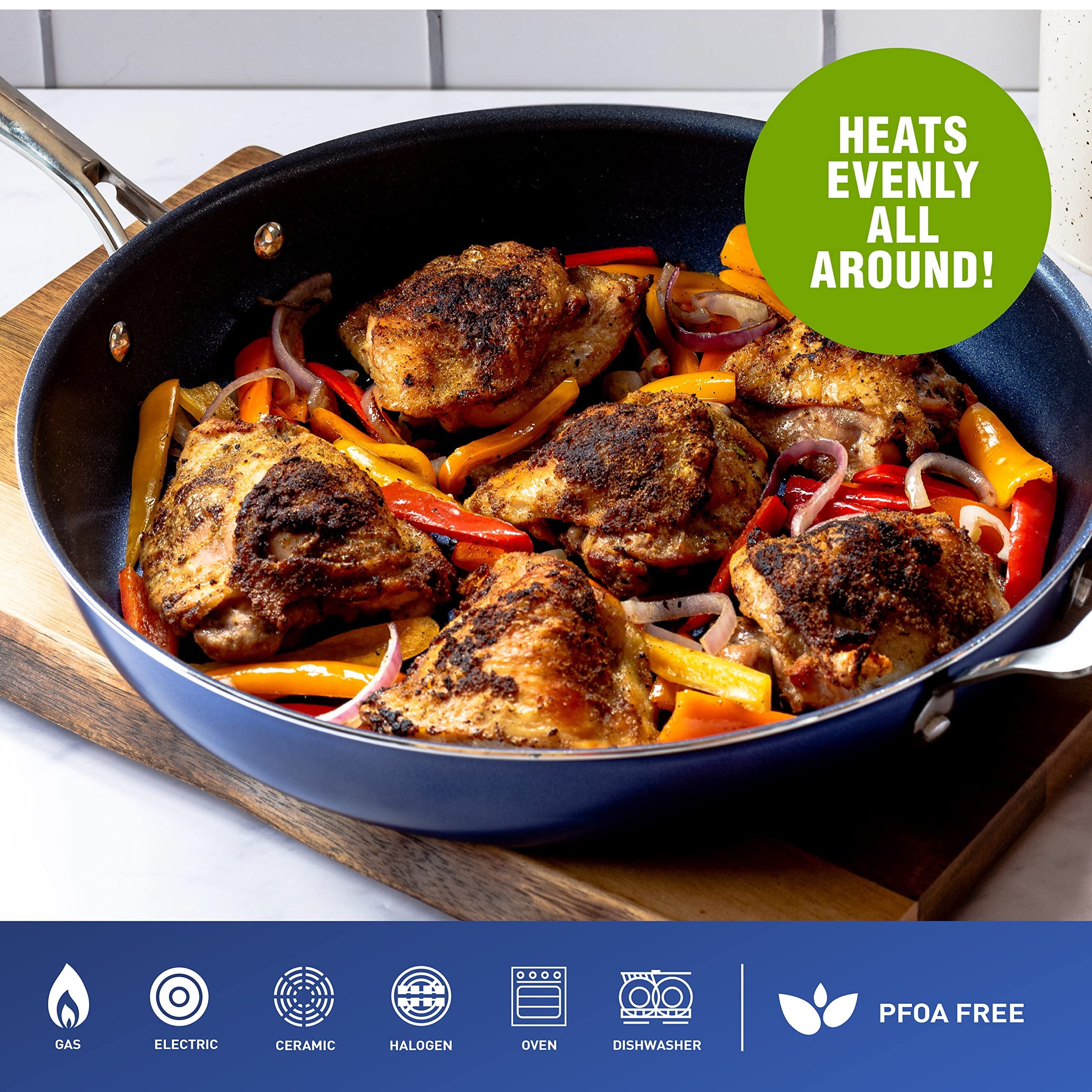 Granitestone Armor Max 14 Inch Frying Pan with Lid, Large Non Stick Skillet for Cooking, Frying Pans Nonstick, Ultra Durable Mineral and Diamond Coating, Skillet, Oven/Dishwasher Safe, Blue