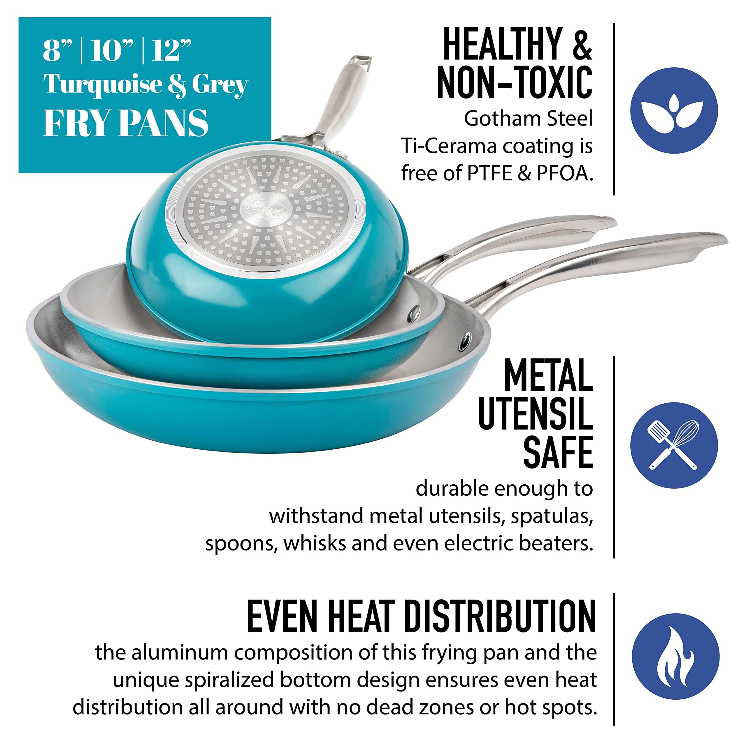 Gotham Steel Diamond Nonstick Frying Pan 3 Piece Set Skillets Ceramic Cooking Pan Induction Oven Safe Aqua Blue Gray