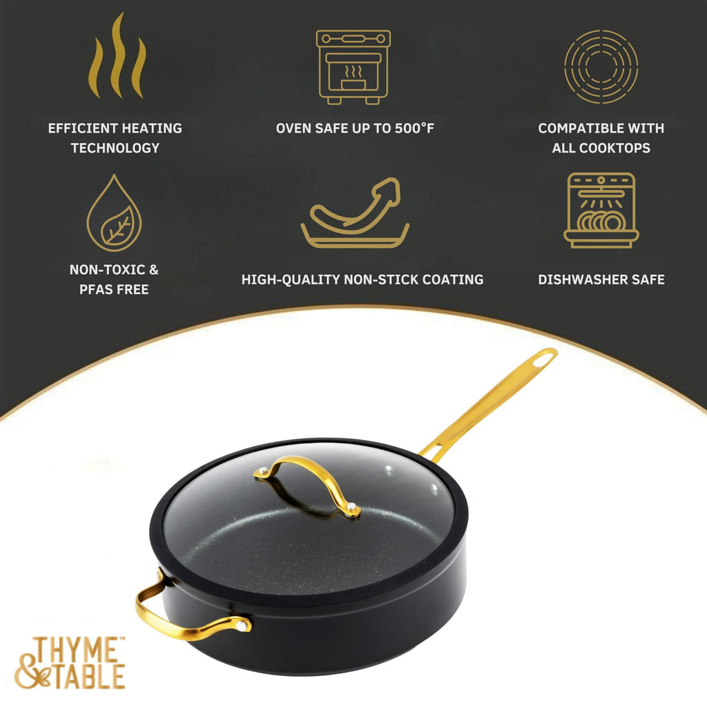 Thyme & Table Non-Stick 5 Quart Signature Sauté Pan with Glass Lid, Black & Gold